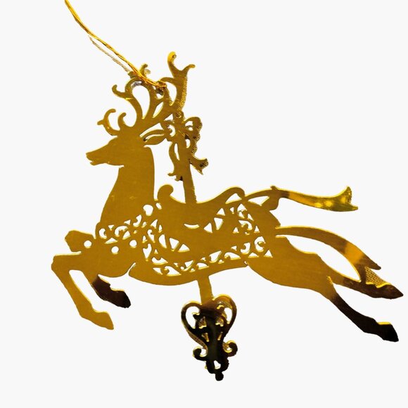 Brass Christmas Ornament Reindeer Carousel Gold Filigree - Picture 2 of 3